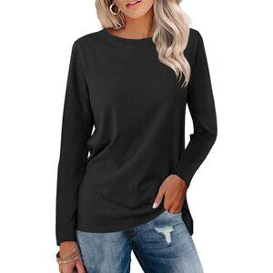 🆕 Women Black Casual Long Sleeve Tunics Tops Crew Neck Shirts Loose Fit Stylish